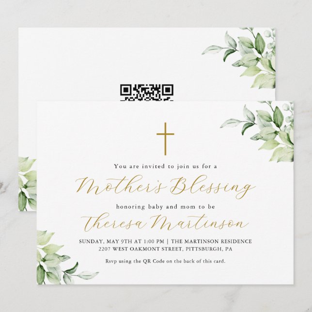 Beautiful QR Rsvp Greenery Cross Mother's Blessing Invitation (Front/Back)