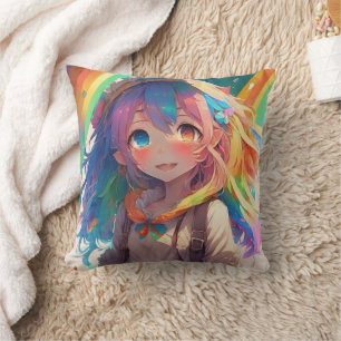 Beautiful Rainbow Anime Girl Throw Pillow