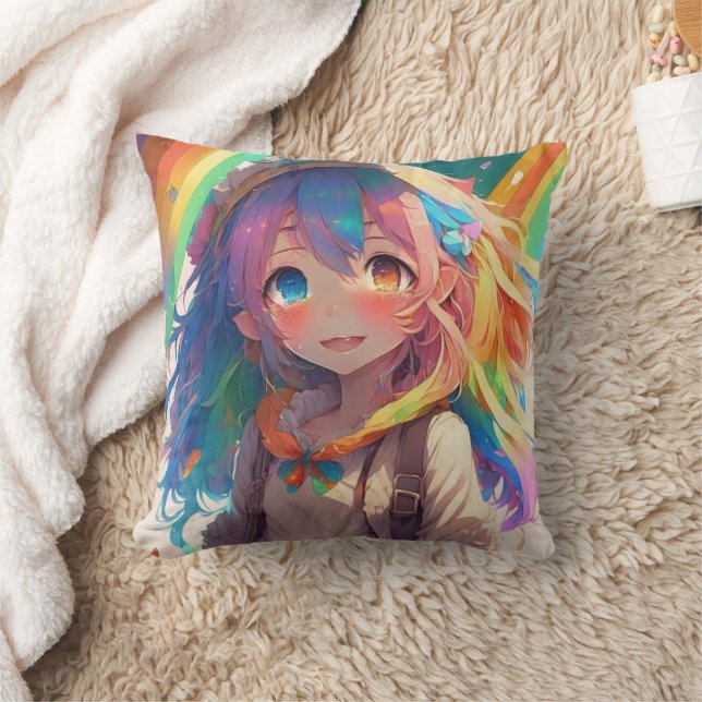 Beautiful Rainbow Anime Girl Throw Pillow (Blanket)