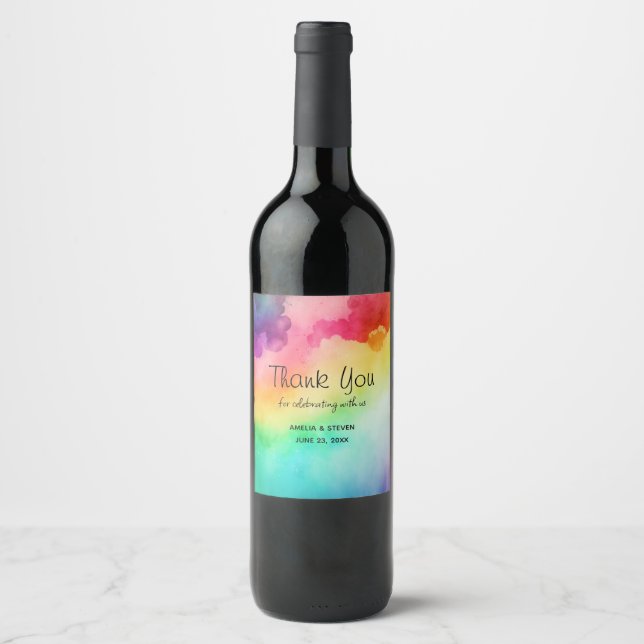 Beautiful Rainbow Colours Abstract Design Thank Yo Wine Label (Front)