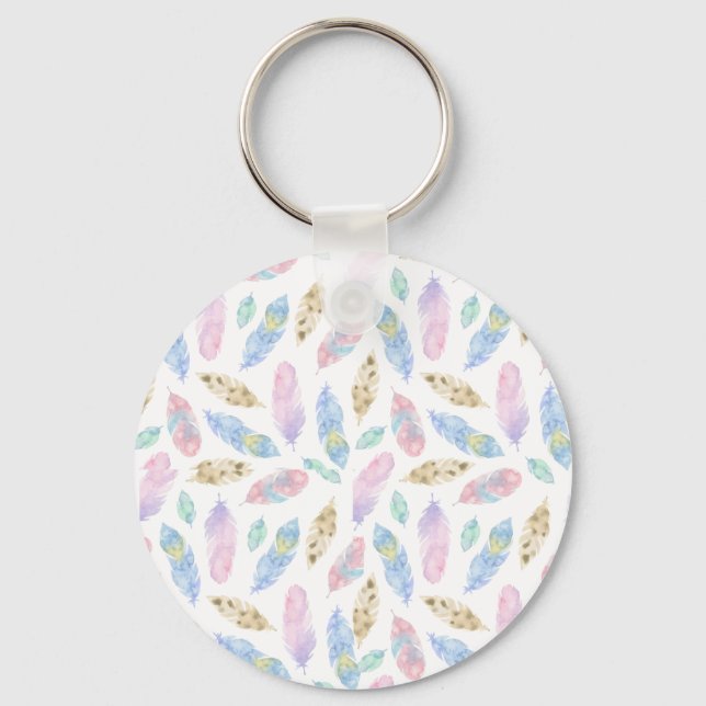 Beautiful rainbow feathers watercolour pattern keychain (Front)