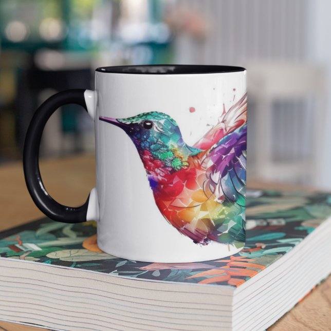 Beautiful Rainbow Hummingbird with Splatter Effect Two-Tone Coffee Mug (Colorful hummingbird on two toned coffee mug for hummingbird lovers. )