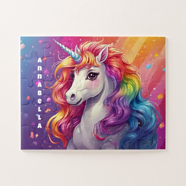 Beautiful Rainbow Mane Unicorn Personalized Jigsaw Puzzle (Horizontal)