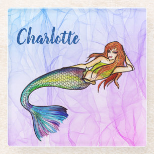 Beautiful Rainbow Mermaid with Ginger Hair Glass Coaster