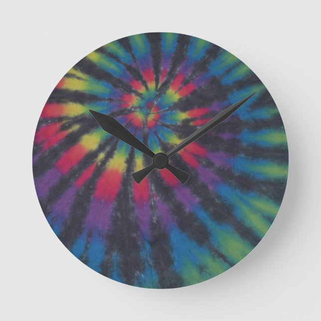 Beautiful Rainbow Swirl Spiral Tie Dye PhatDyes Round Clock (Front)