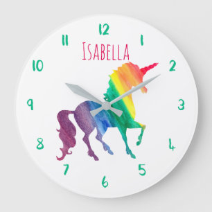 Beautiful Rainbow Unicorn Personalized Kids Girly Large Clock