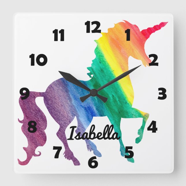 Beautiful Rainbow Unicorn Personalized Kids Girly Square Wall Clock (Front)