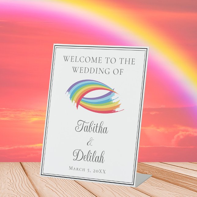 Beautiful Rainbow Waves Custom Wedding Welcome Pedestal Sign (Creator Uploaded)