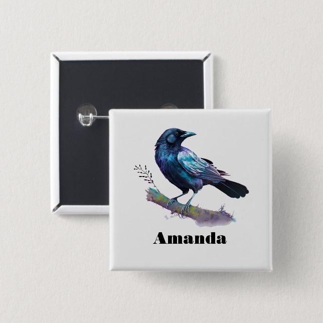 Beautiful Raven on a Tree Branch 2 Inch Square Button (Front & Back)