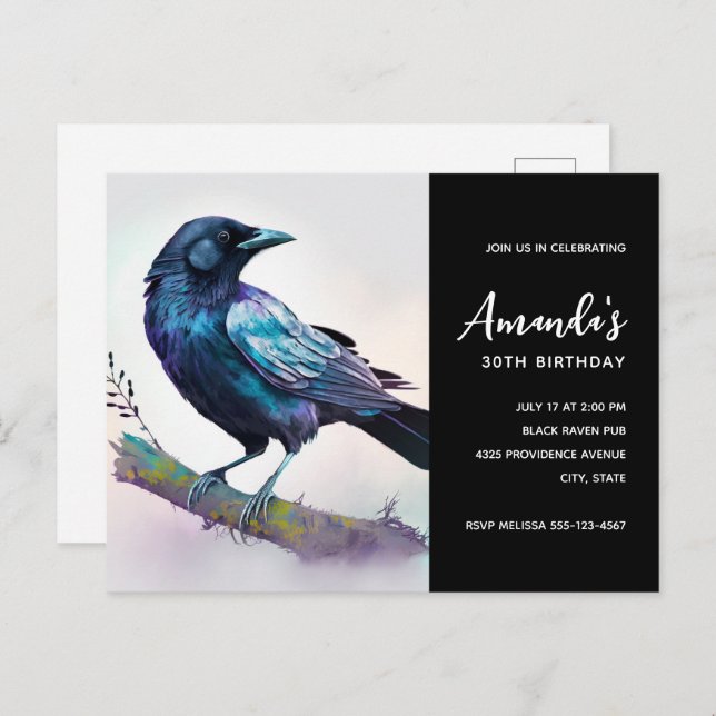 Beautiful Raven on a Tree Branch Birthday Invitation Postcard (Front/Back)