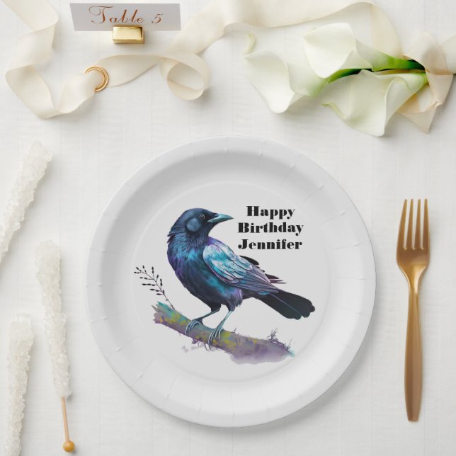Beautiful Raven on a Tree Branch Birthday Paper Plate (Wedding)