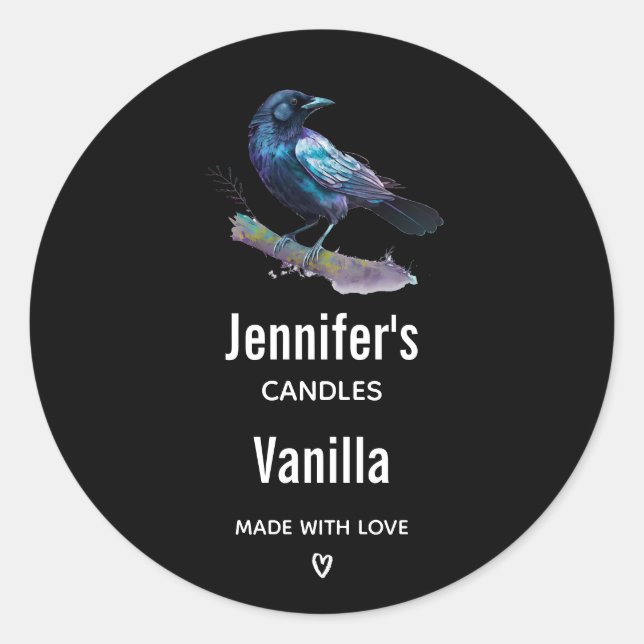 Beautiful Raven on a Tree Branch Candle Business Classic Round Sticker (Front)