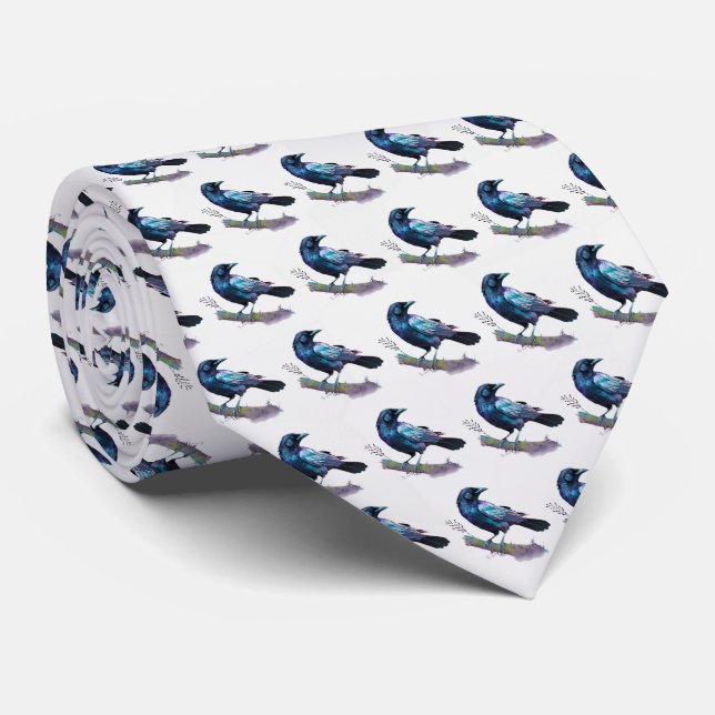 Beautiful Raven on a Tree Branch Patterned Tie (Rolled)