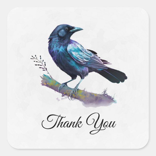 Beautiful Raven on a Tree Branch Thank You Square Sticker (Front)