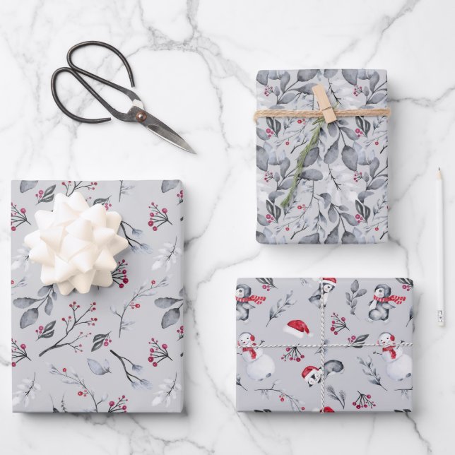 Beautiful Red and Grey Xmas Designs on Grey Wrapping Paper Sheet (Front)