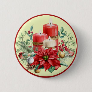 Beautiful Red and White Candles & Poinsettias 2 Inch Round Button