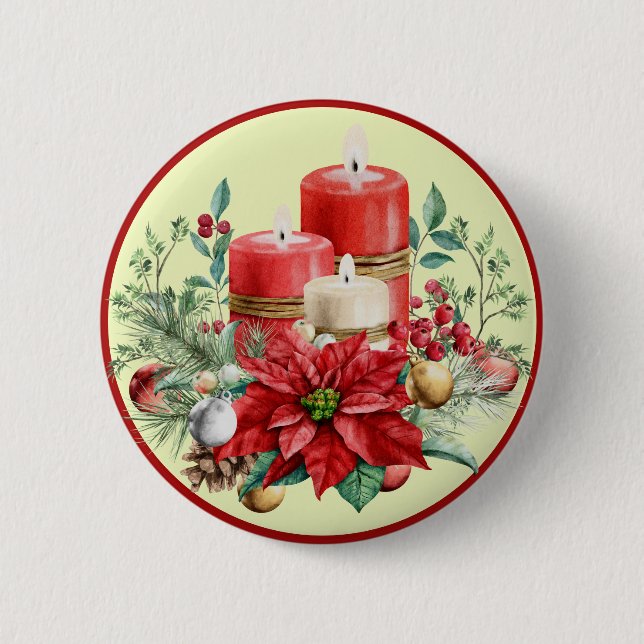 Beautiful Red and White Candles & Poinsettias   2 Inch Round Button (Front)