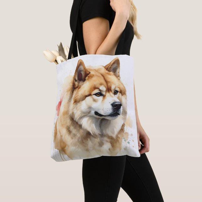 BEAUTIFUL RED AND WHITE FLUFFY AKITA DOG TOTE BAG (Close Up)