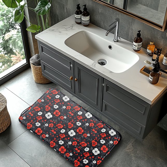 Beautiful Red and White Roses Black Background Bath Mat (Creator Uploaded)