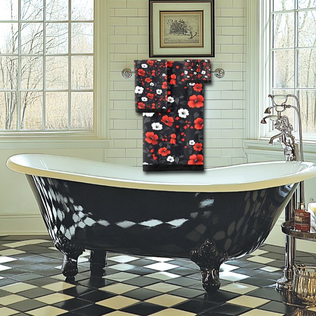 Beautiful Red and White Roses Black Background Bath Towel Set (Creator Uploaded)