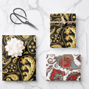 Beautiful Red, Black and Gold Paisley Pattern Wrapping Paper Sheet