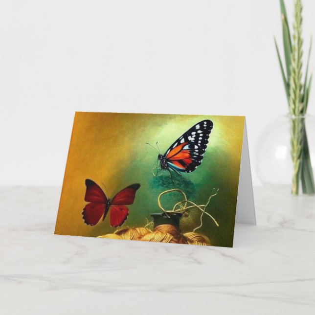 Beautiful Red Butterfly flying a yarn modern Thank You Card (Front)