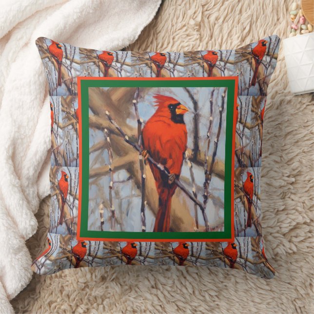 Beautiful Red Cardinal Bird in Winter Throw Pillow (Blanket)