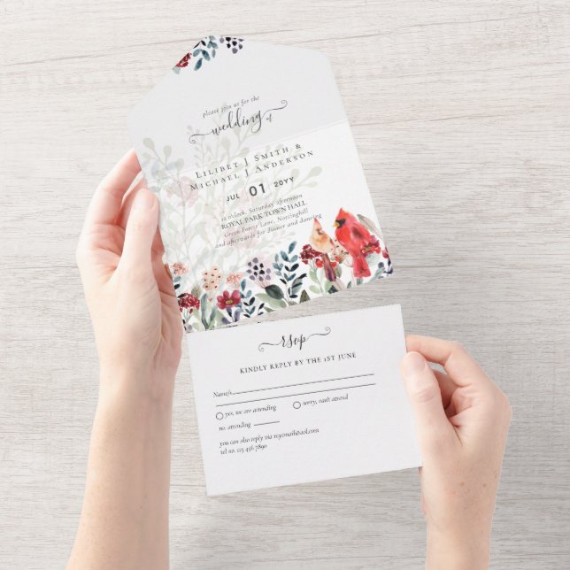 Beautiful RED CARDINAL Birds Wedding All In One Invitation (Tearaway)