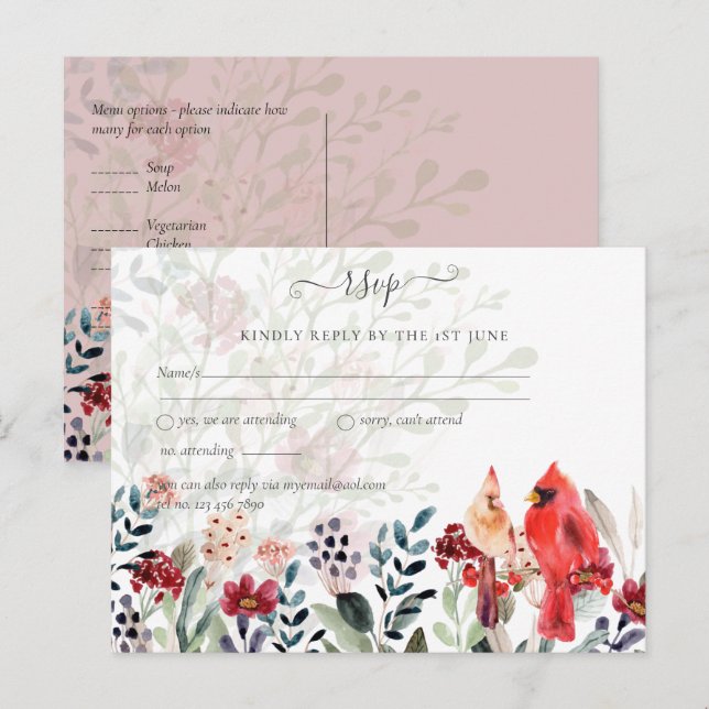 Beautiful RED CARDINAL Birds Wedding Postcard (Front/Back)