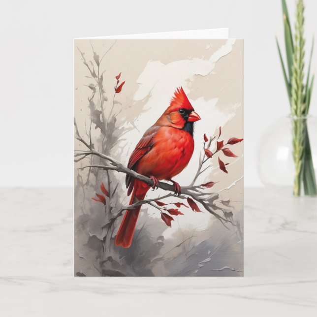Beautiful Red Cardinal on Tree Limb Painting Blank Card (Front)