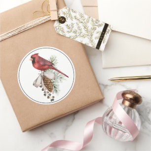 Beautiful Red Christmas Cardinal with Pine Cone Classic Round Sticker