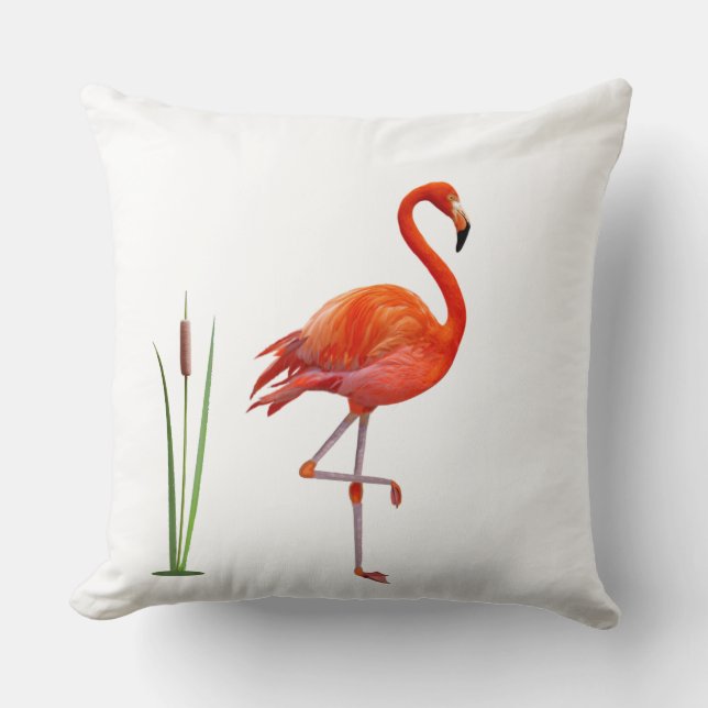 Beautiful Red Flamingo Bird & Reed Plant on White Throw Pillow (Front)