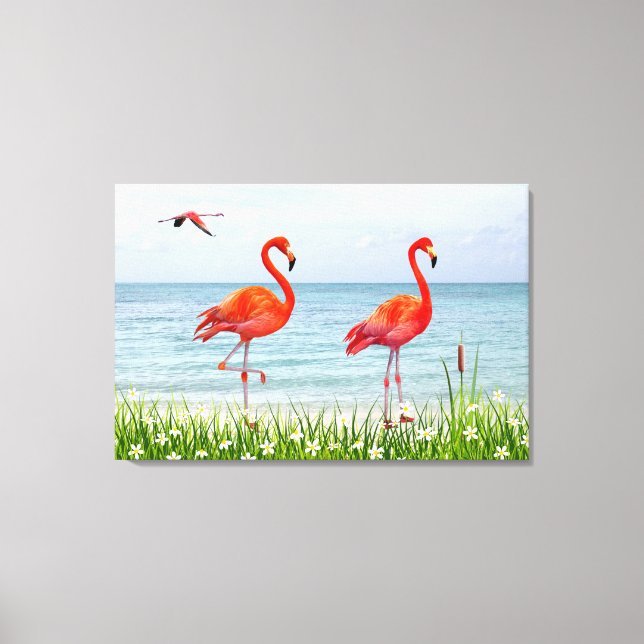 Beautiful Red Flamingos near White Flowers Canvas  Print (Front)