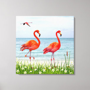 Beautiful Red Flamingos near White Flowers Canvas Print