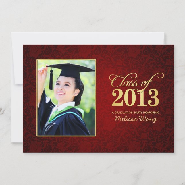 Beautiful Red Floral Damask and Gold Class of 2013 Invitation (Front)