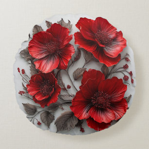 Beautiful Red Flowers and Leaves Round Pillow