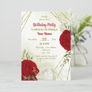 Beautiful red flowers green leaves birthday  invitation