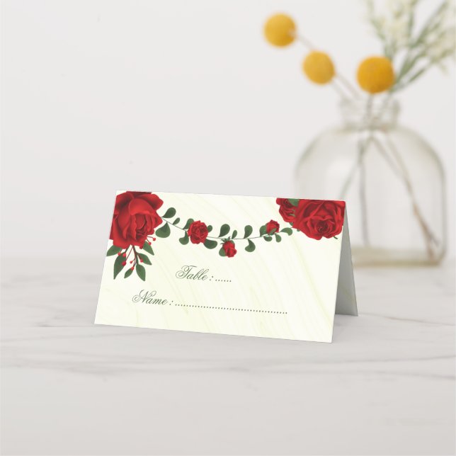beautiful red flowers green leaves place card (Front)