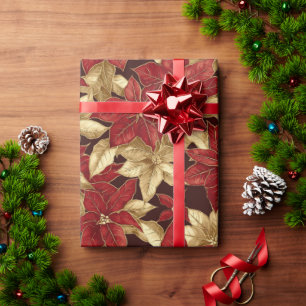 Beautiful Red Gold Vintage Poinsettias Christmas Wrapping Paper