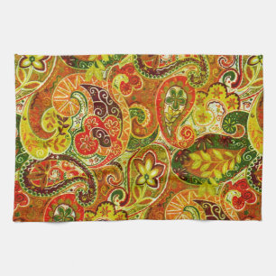 Beautiful Red Green Paisley Floral Pattern Kitchen Towel