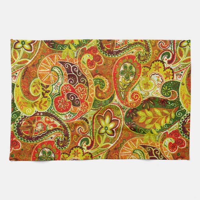 Beautiful Red Green Paisley Floral Pattern Kitchen Towel (Horizontal)