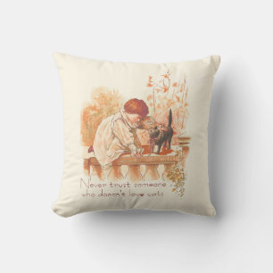 Beautiful Red Haired Child with Kitten Cat Quote  Throw Pillow