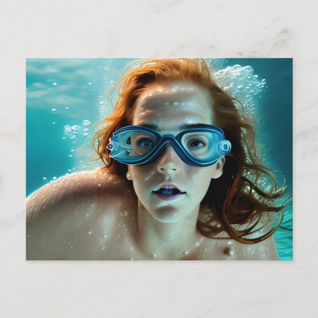Beautiful Red Haired Woman Scuba Glasses Swim Postcard (Front)