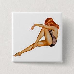 Beautiful Red Head Pin-up Girl 2 Inch Square Button