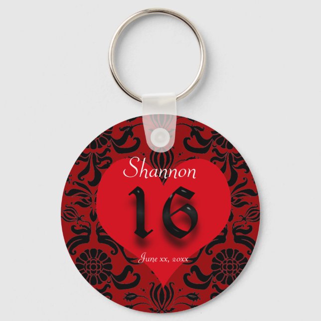 Beautiful Red Heart, Damask, Sweet Sixteen Favour Keychain (Front)