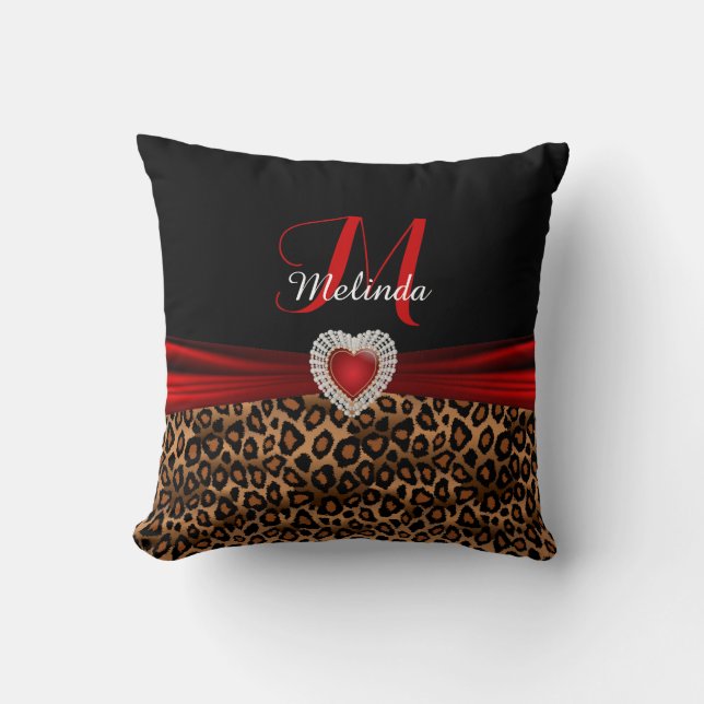 Beautiful Red Heart Leopard Animal Print Throw Pillow (Front)