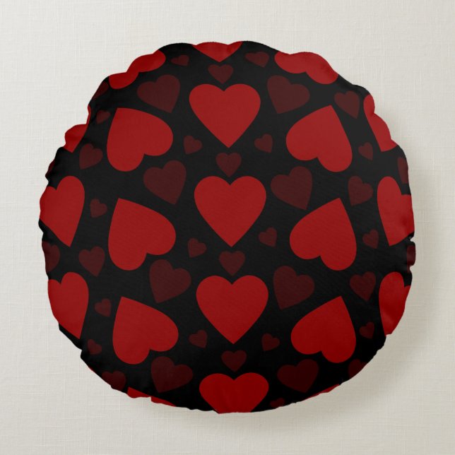 Beautiful red heart pattern on black  round pillow (Front)