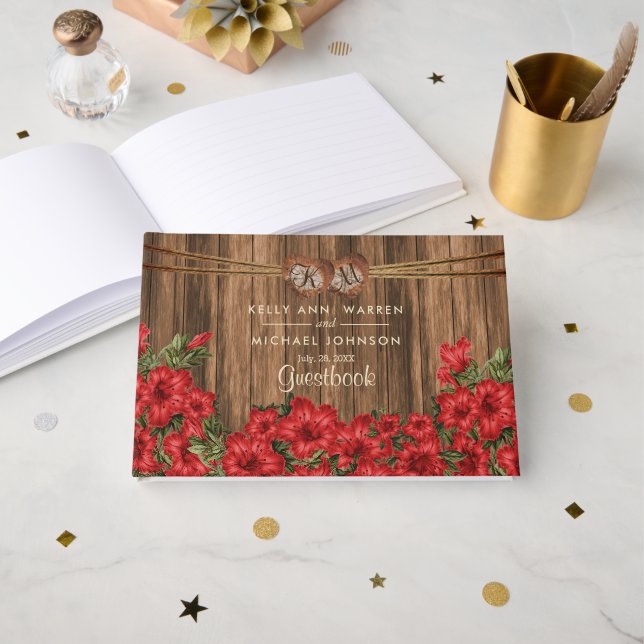 Beautiful Red Lily Flowers on Wood - Guestbook (Front Open)