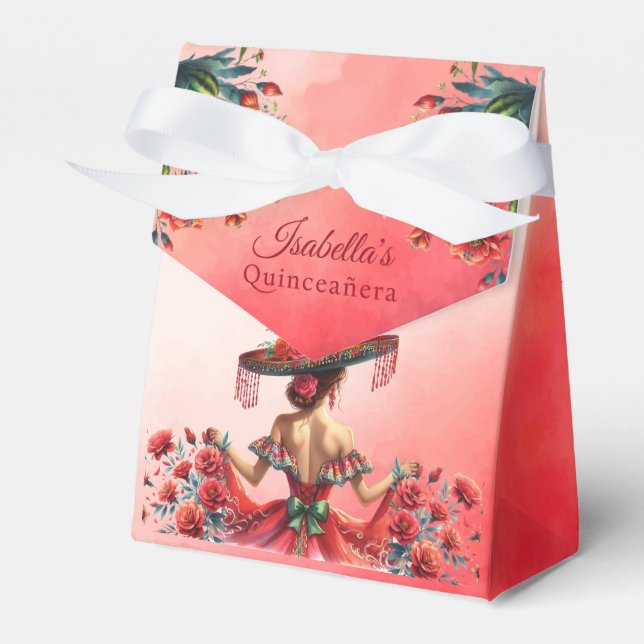Beautiful red Mexican Style Quinceañera Favor Box (Front Side)