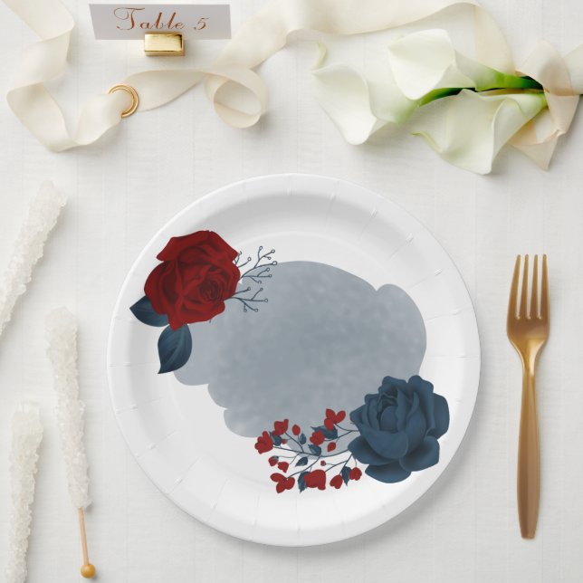 Beautiful red & navy flowers paper plate (Wedding)